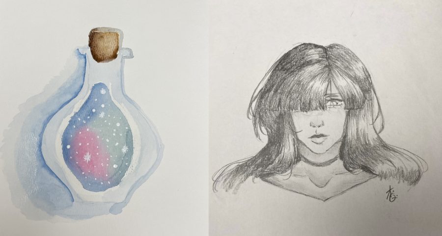 A watercolor painting, made by me, at October 4ths class (left) & a free draw, made by freshman, Veasna Koy, at October 18ths class (right)